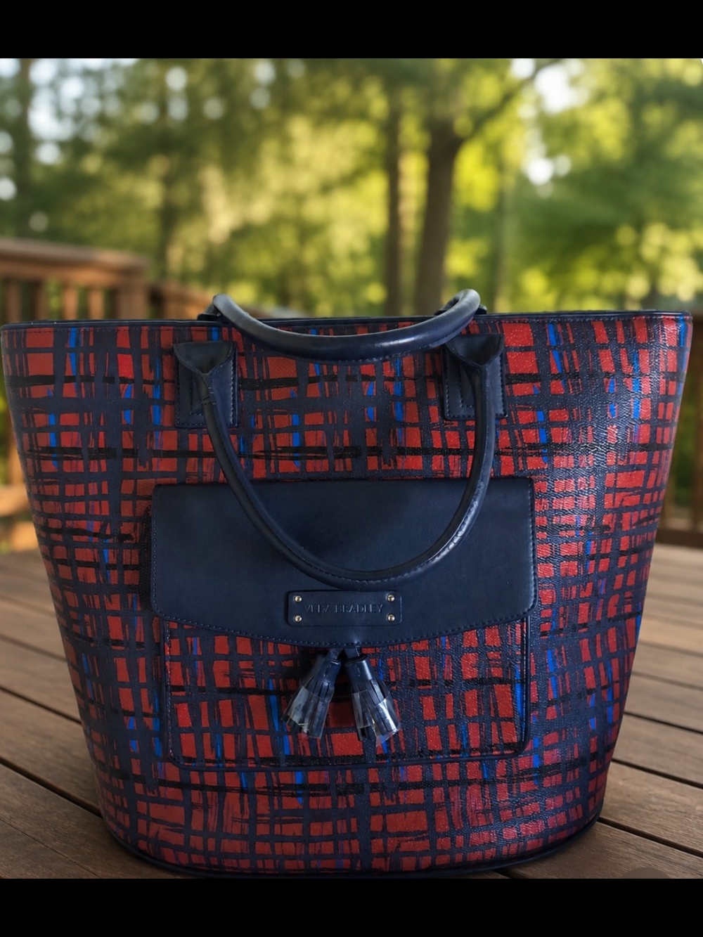 Vera Bradley Navy and Red Plaid Tote with Tassel Pocket